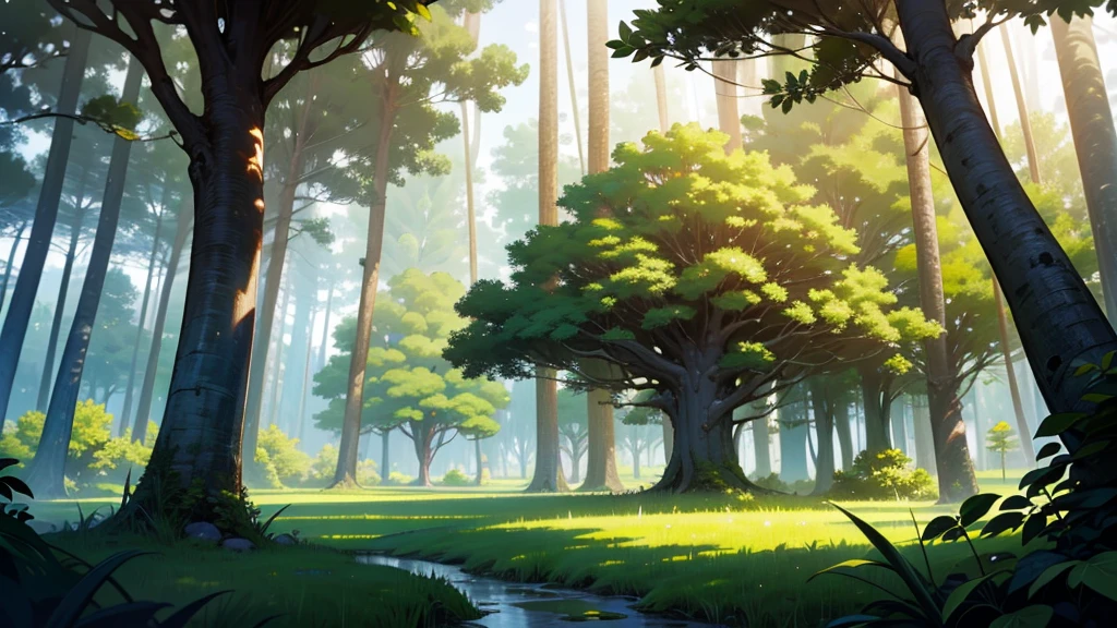 Magical forest, tropical forest, holy forest, white lighting tree, lush trees, masterpiece, landscape