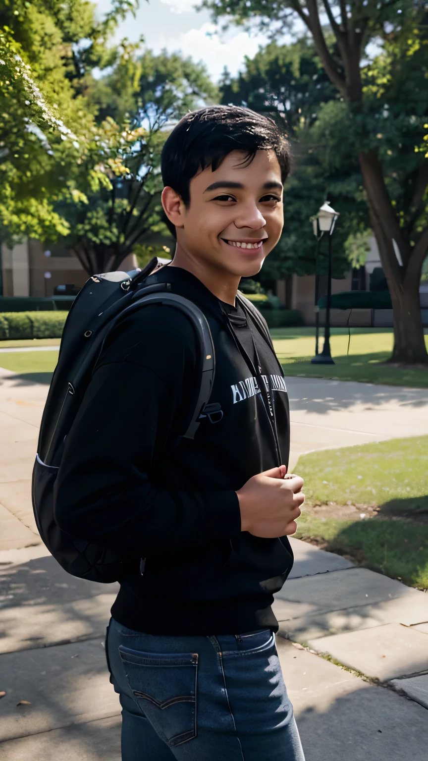 Light-skinned boy, very short black hair, smiling, wearing a shirt, an open black sweatshirt, jeans, and tennis shoes, outside a university. Backpack on his back.