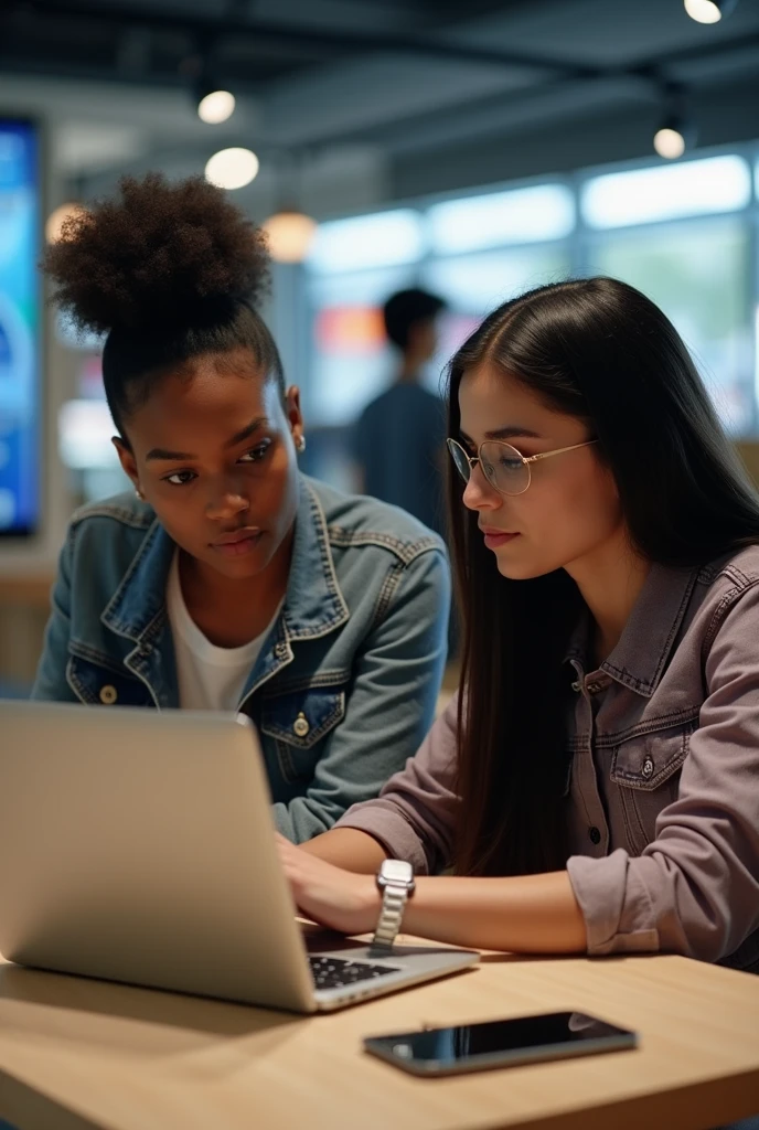 It shows an image showing a young woman with afro hair and dark skin along with her classmate with long straight black hair and white skin who are doing market research on their laptop., while watching in a cell phone store how young people buy iPhones where he wants to discover the importance of AI today and the impact it has on markets globally.