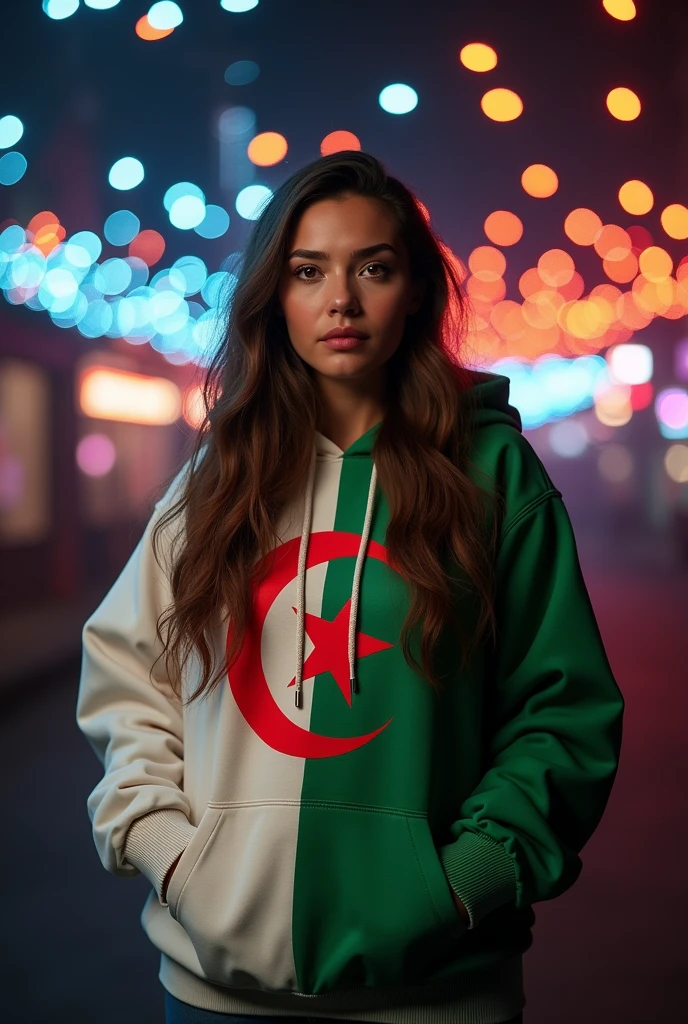 Fat woman wearing a white and green hoodie with the Algerian flag. She has long brown hair and is looking directly into the camera.. She puts her hands in the pockets of her hoodie, black background decorated with colored lights.