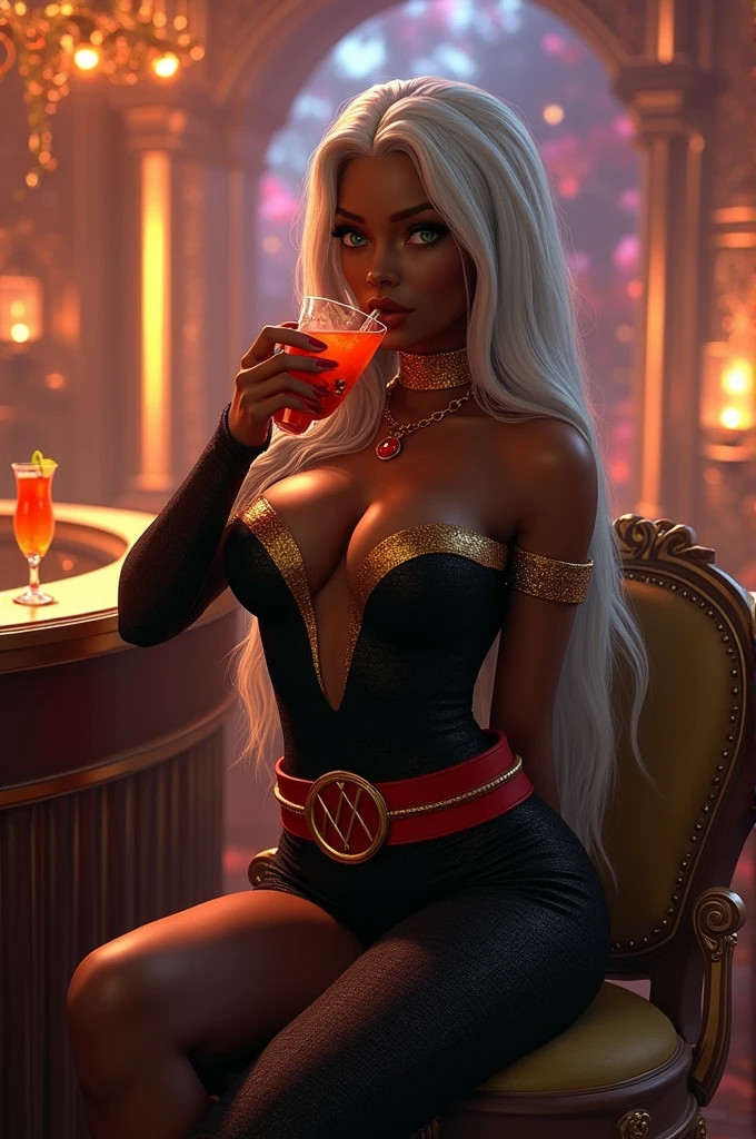 Create image,black female,Hazel green eye,Prominent nose,long white straight hair with waves, similar to shanina shaik, fantasia x Men,Black strapless bodysuit with gold details,red belt with the letter X buckle,Scenario,fantasy party,internal space,open bar,the woman is sitting on the chair, drinking fruit cocktail,lol