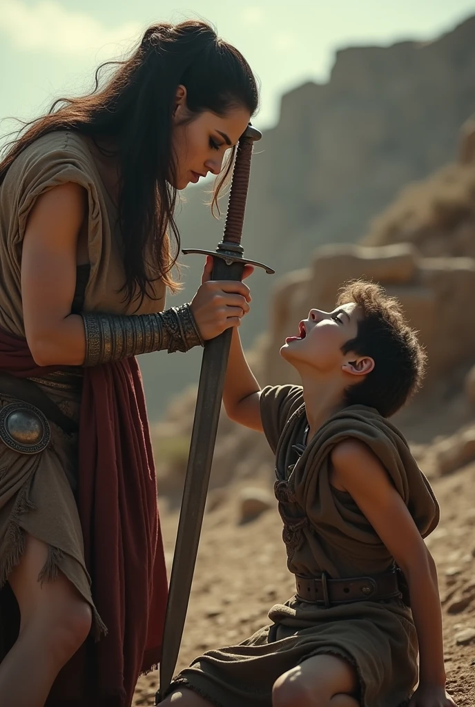 Realism, super quality, action battle photo style, defeated woman standing on her knees, her son is holding the the tip of the sword against woman's throat, stabbing her in the throat, her head is thrown back, woman has large masculine Adam's apple, (woman is a 30-year-old warrior, feminine face, throat slashed, gothic makeup, pale skin, long hair) (son is 12-years-old) ancient Greece fight
