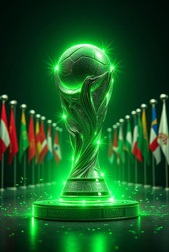 Create a flyer showing the expectation of a new World Cup where the trophy and the flyer have a neon green color , with the flags of the countries
,The world cup is called UTEL and the titles are posted on the flyer in September
