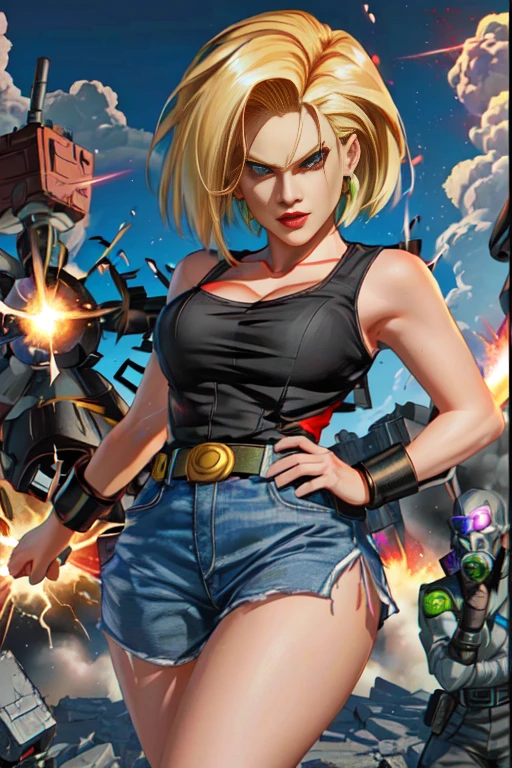 "Android 18 unleashes her immense power, Produce amazing, Explosion of destructive energy."