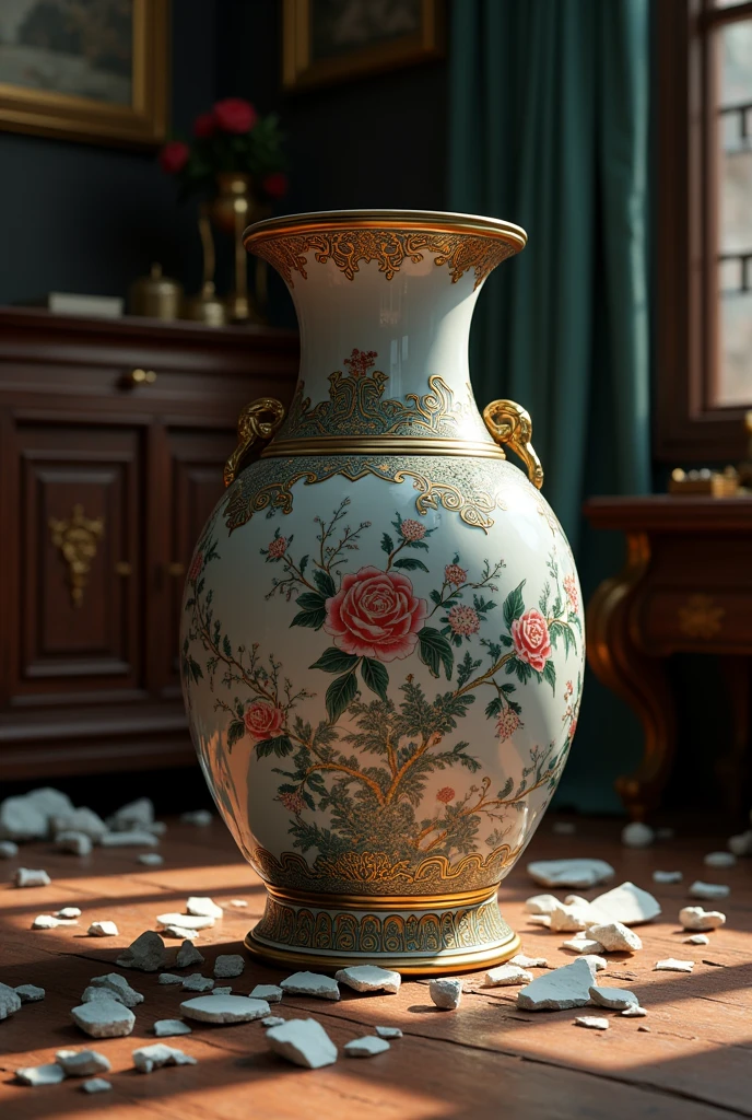 antique chinese vase, falling on floor, cracked 