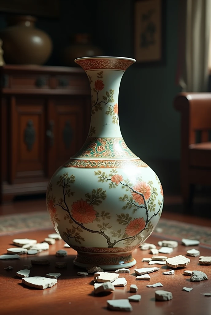antique chinese vase, falling on floor, cracked