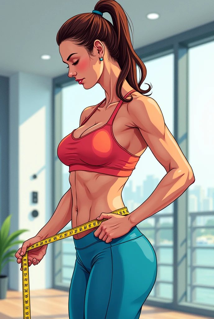 A colored drawing of a fitness woman measuring her belly with a tape measure