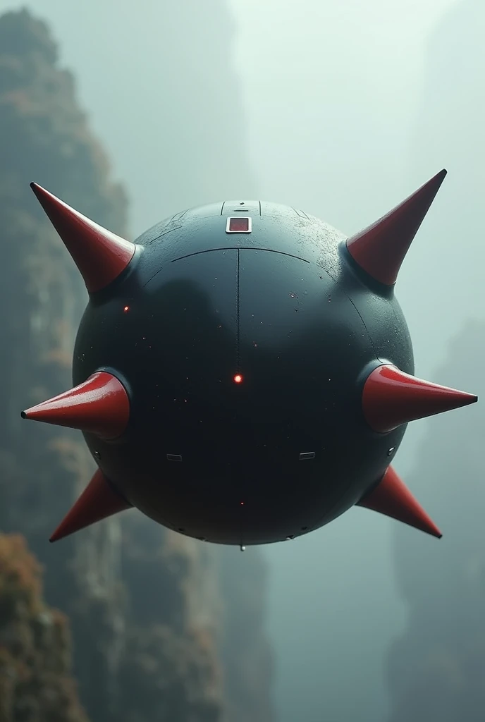 Black round flying machine, with 4 red, horizontal cone-shaped spikes