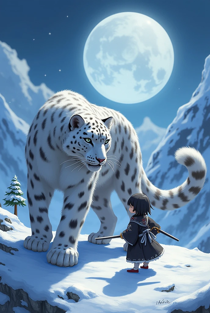 A white snow lepord in a snow Mountain area  and a small girl anime with swords  playing with her a Japanese anime girl with black costume at a full moon night under a tree