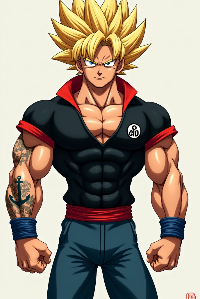 I think it's an image of a mix of Popai and Goku , cabelonno suvaco, lean body and strong arms, anchor tattoo on left arm, Goku's Head,