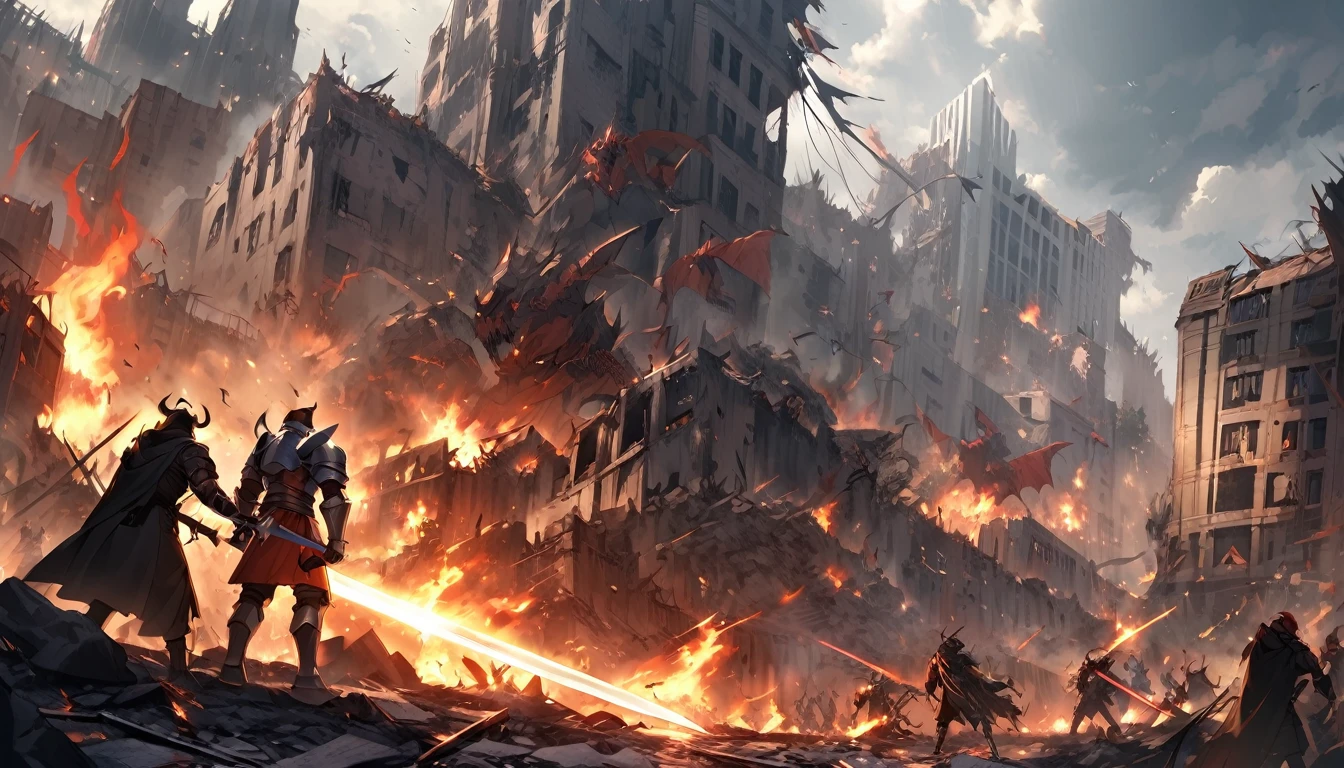 An apocalyptic battle scene, with demons and mythological creatures fighting amidst a ruined city. En el centro de la imagen, a warrior stands out, with steel armor and a flaming sword.