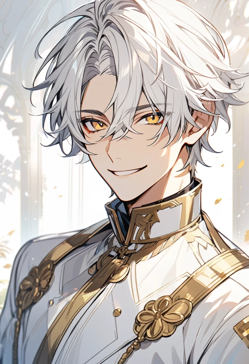 Handsome, solo, 1 male, short hair, gold eyes, white hair, white clothes, smile facial