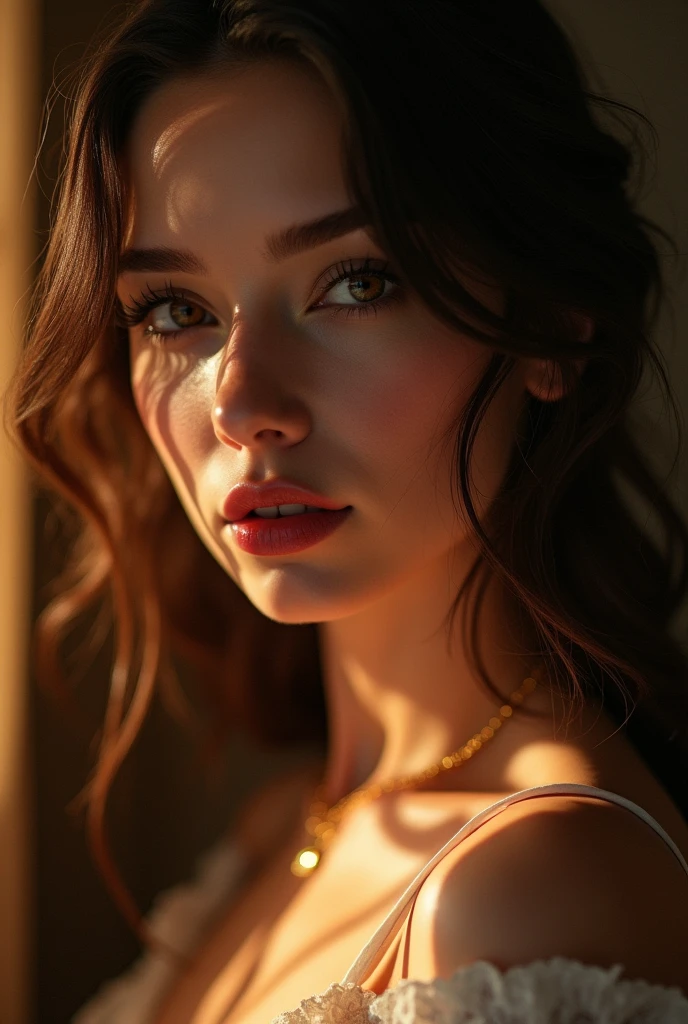 realistic,high quality,detailed,1girl,beautiful detailed eyes,beautiful detailed lips,extremely detailed eyes and face,long eyelashes,sensual,seductive,cinematic lighting,dramatic lighting,chiaroscuro lighting,warm colors,soft focus,elegant,graceful,intimate,erotic,photorealistic,hyper detailed,artstation,greg rutkowski,alphonse mucha
