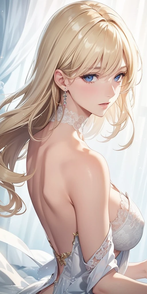 Portraiture, Realistic, Elegant mature woman, blue eyes, Blonde, Large Breasts, 4K resolution, Beautiful CG, Soft Light,Her panties are almost visible, but not visible.、Nipples visible through clothes、Big Breasts、No bra、Embarrassed、Thin fabric clothing