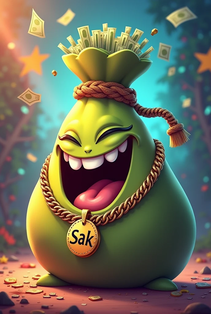 Money bag with a cartoon style sly laugh coming out of the bag and with a diamond chain that has a pendant that says Sak