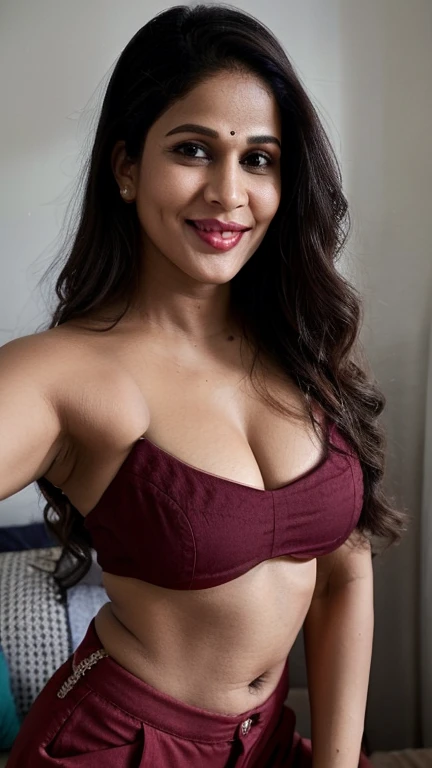 lavanya , extreme closeup face, crop top shwoing and navel, in bedroom, selfie, ultrarealsitic, body closeup, close up body shot, cleavageel, milf, glossy reds