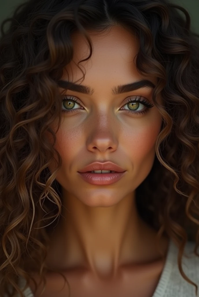 40-year-old woman with waist-length, chocolate-colored curly hair, copper colored skin, greenish honey colored eyes. His face has soft features.