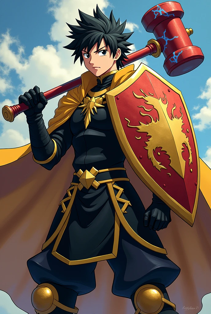 Create a character named Hiro Higure. He is a paladin from dnd. He has an emblem that is composed of gold flames shaped like a dragon which is on his bronze-colored shield. Hiro has short and spiked black hair, obsidian eyes, and tan skin. He has black armor with gold trimming and has a scarlet warhammer with blue radiant cracks the top of the hammer. Hiro also has a golden cape with the same emblem as the shield as well. Draw him in the style of Fairy Tail.