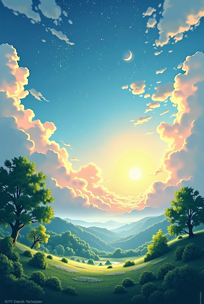 sunrise,With clouds and trees green with stars shining,and with a moon 