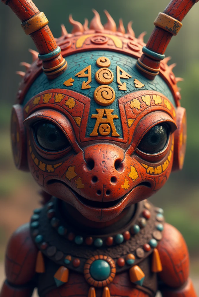 eat, Create a mask with a color palette strongly inspired by colors of Mayan origin, with costume jewelry, 4-pointed stars, with Mayan hieroglyphics that say "Strong Ant" with the maya type font, All this, with a style that is pixel art, but minecraft style, soft and warm colors, unsaturated, pleasing to the eye, All this que sea sobre la cara de una hormiga