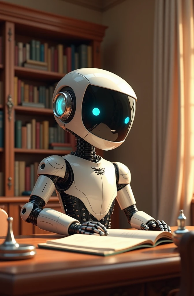 An artificial intelligence robot studying on a table, disney pixar style, with a library in the background