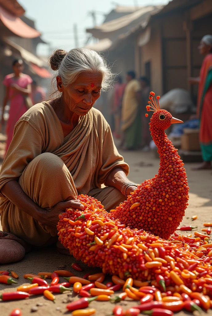 A Indian old poor woman  is making a big chilli peacock watching people 