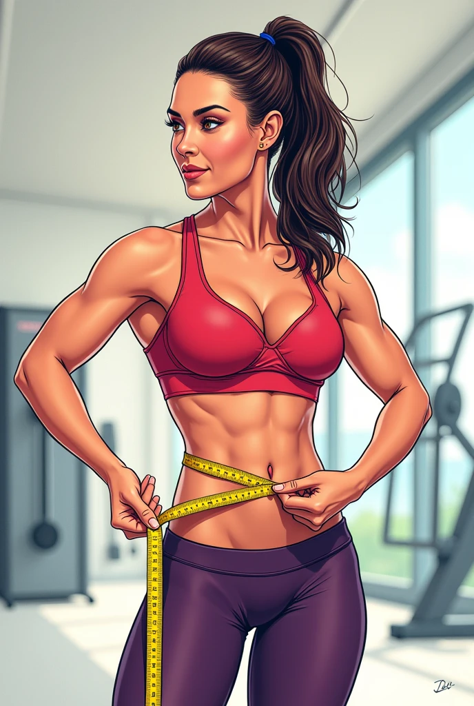 A colored drawing of a fitness woman measuring her belly with a tape measure