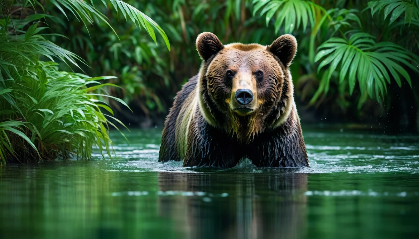 bear captured in a lush green jungle, the bear is in the middle right of the photo, lively gaze, with a reflection of water. photo of the bear seen from a distance, head down and looking straight ahead, the bear's fur is a bright, with a lively gaze and striking green eyes. The image is sharp and detailed, creating a sense of depth and focus on the bear, breathtaking images, high definition. (ultra realistic) extreme details, (best quality, 4k, 8k, high resolution, masterpiece: 1.5)