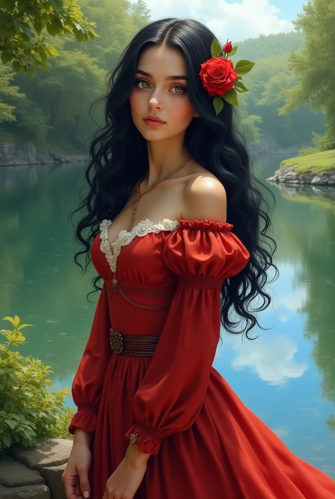 A beautiful woman standing next to a lake with roses, black wavy hair, with green eyes and a red dress from the time of 1472 with a rose in her hair 