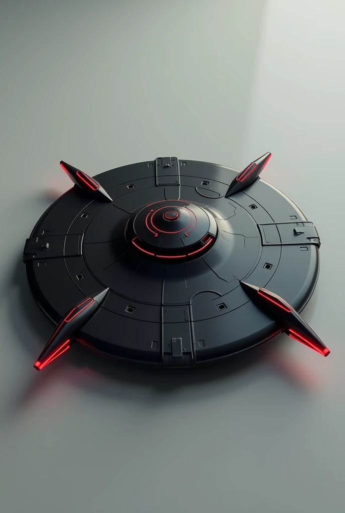 Flying machine, round and flat black, with 4 red, horizontal cone-shaped spikes