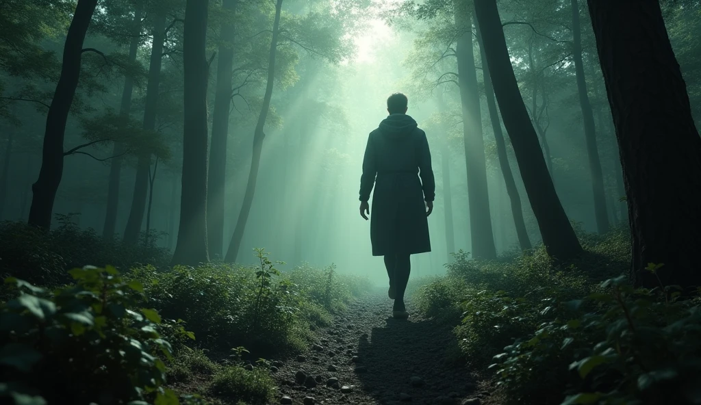 "A figure being guided by an unseen force through a treacherous forest, traps laid by hunters scattered around, modern yet timeless attire, the setting is a dense, shadowy forest, with light breaking through in beams, the figure moves confidently avoiding danger, hyper-realistic, photo realism, cinematography -- ar 16:9."