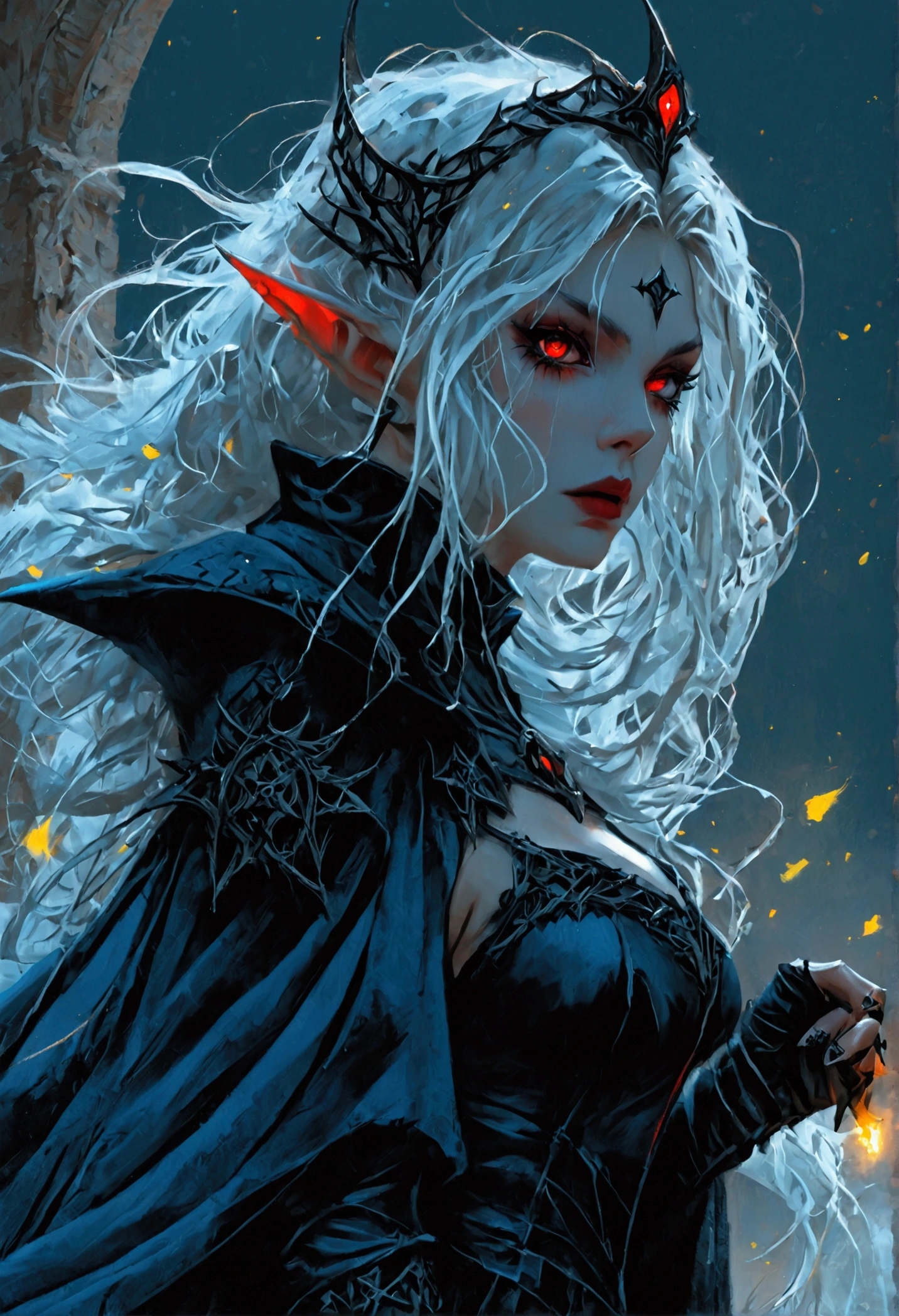 anime comic illustration fantasy art, gothic art, picture of a female vampire elf, casting dark spell, (full body) with a long curvy hair, light color hair, red eyes, busty, Detailed Face, small pointed ears, blue cloak,  flowing cloak, wearing an intricate black leather dress,  high heeled boots, fantasy urban background, fantasy, at night light, natural ,moon light, clouds, gothic atmosphere, soft light, dynamic light,  high details, best quality, 32k, [ultra detailed], masterpiece, best quality, (extremely detailed), dynamic angle, oil pastel