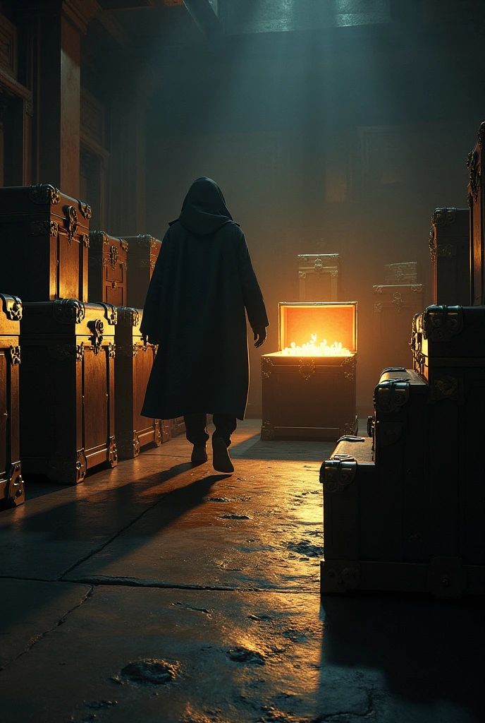 a thief entering through a door towards a room with several chests with different locks highlighted, and one of those chests is very shiny