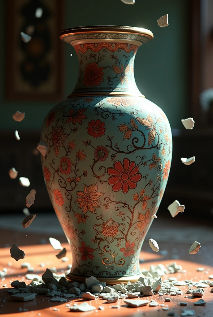 antique chinese vase, falling on floor, cracked, intricate detailed design, dynamic motion, shattered fragments, natural lighting, detailed textures, dramatic shadows, photorealistic, 8k, high quality, masterpiece, cinematic