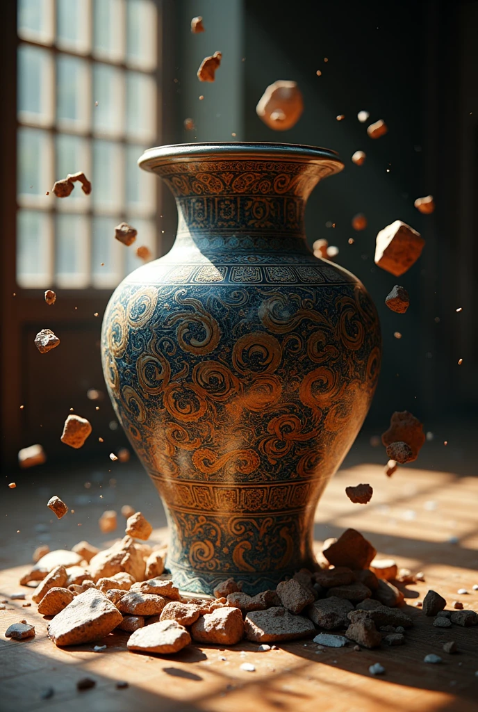 antique chinese vase, falling on floor, cracked, intricate detailed design, dynamic motion, shattered fragments, natural lighting, detailed textures, dramatic shadows, photorealistic, 8k, high quality, masterpiece, cinematic