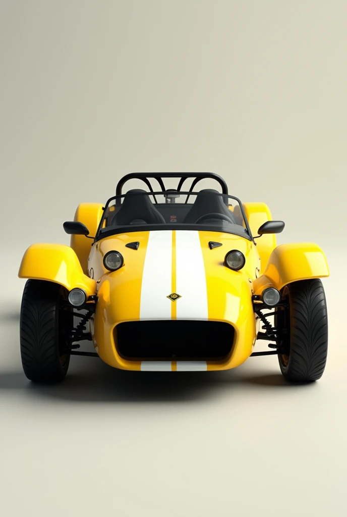 Caterham in yellow with a white stripe in the middle and the top of the car in white at the front