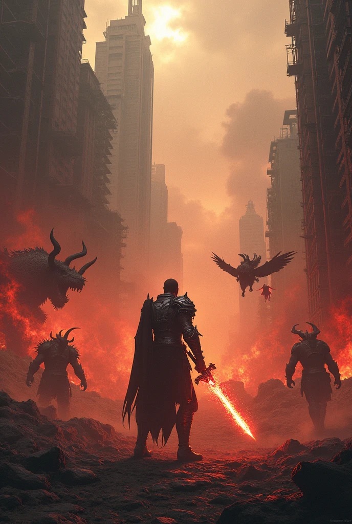 An apocalyptic battle scene, with demons and mythological creatures fighting amidst a ruined city. En el centro de la imagen, a warrior stands out, with steel armor and a flaming sword.