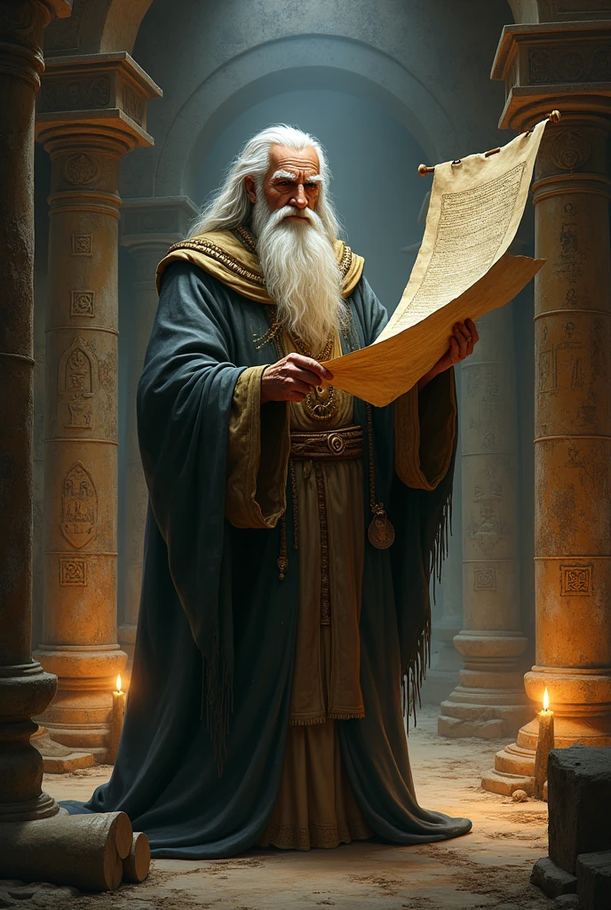 An Old prophet holding a papyrus ancient scrolls.