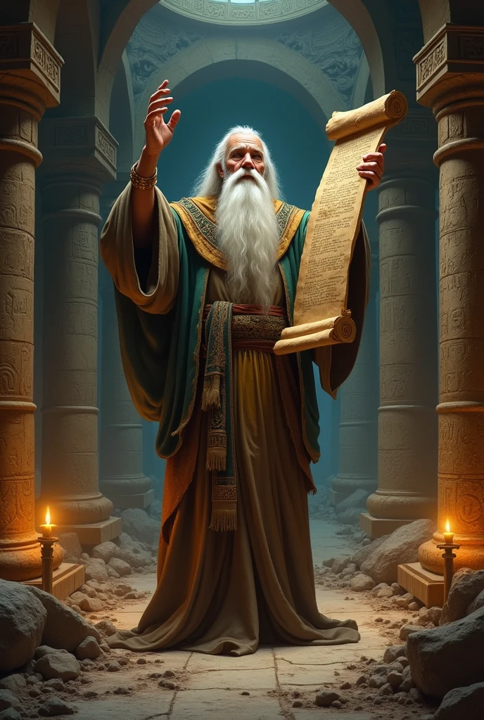 An Old prophet holding a papyrus ancient scrolls.