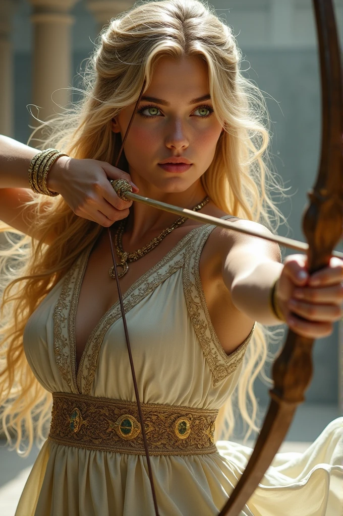 Realistic style girl with green eyes and long blonde hair wearing an Ancient Greek dress using a bow as an arrow 