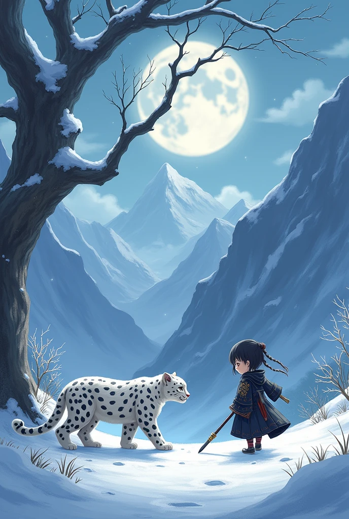 A white snow small lepord in a snow Mountain area  and a small girl anime with swords  playing with her a Japanese anime girl with black costume at a full moon night under a tree