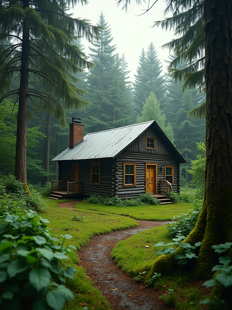 a stereographic photo made with a stereo camera, cabin in the forest, with a highly detailed perspective. The image is in SBS format, with left eye and right eye views, left and right view are identical, each image is not cropped