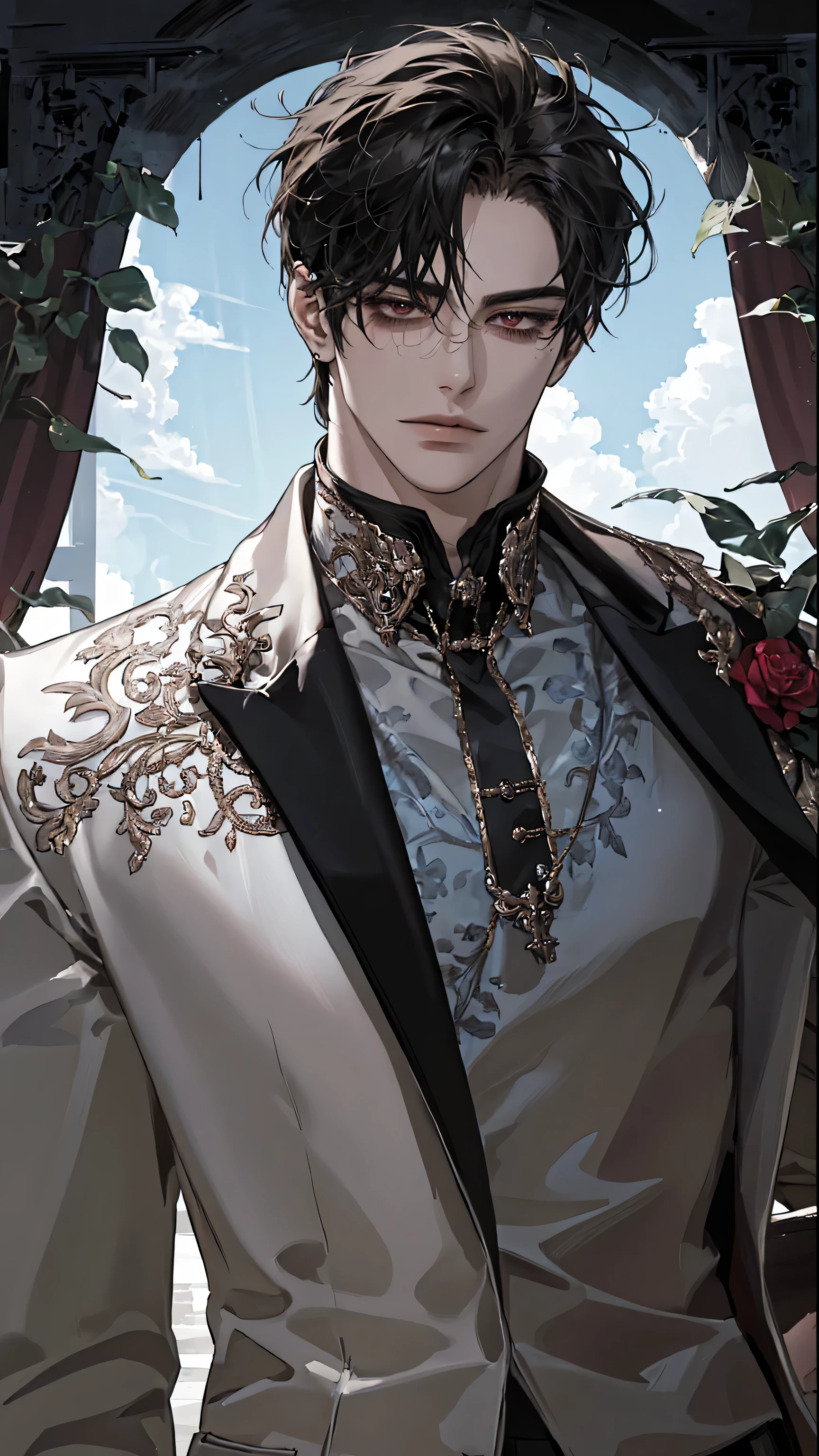 (absurdres, highres, ultra detailed), 1 very handsome man, short black hair with bangs, seductive red eyes, tall, muscular, square jaw, broad shoulders, clothes luxurious, black suit with black pants, finely detailed eyes and detailed face, intricate details, looking at viewer, solo, Full-length portrait, detailed background, (bright garden background with bright blue sky with sunlight), (imposing standing posture, smirking and sinister expression)