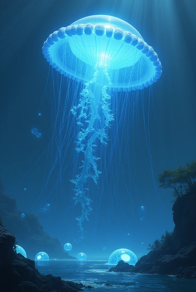 A large blue glowing jellyfish flying above the water. 
In the background, glowing water balls fly

