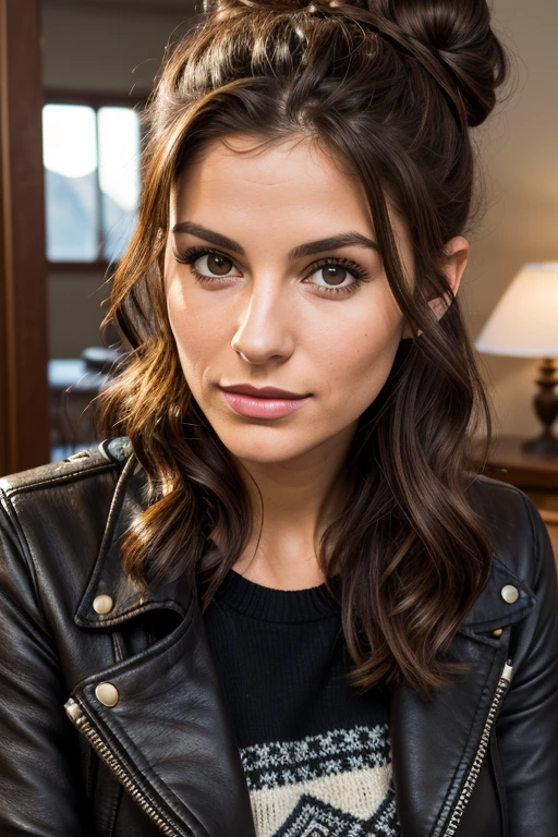 Medium view, of young aged, 30 year old, milf, jewish woman, face portrait, jewish features, brown hair, sweater, black 
leather jacket, in cozy fjord home 1936, Hair Bun, 
