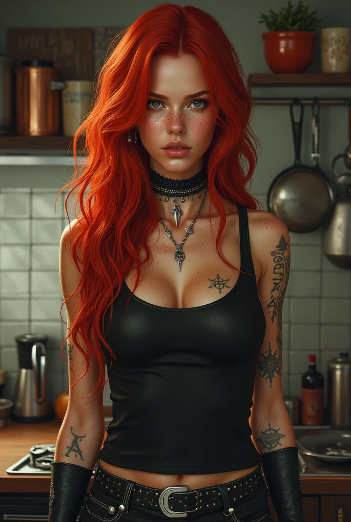 A red-haired metal girl with freckles in a kitchen