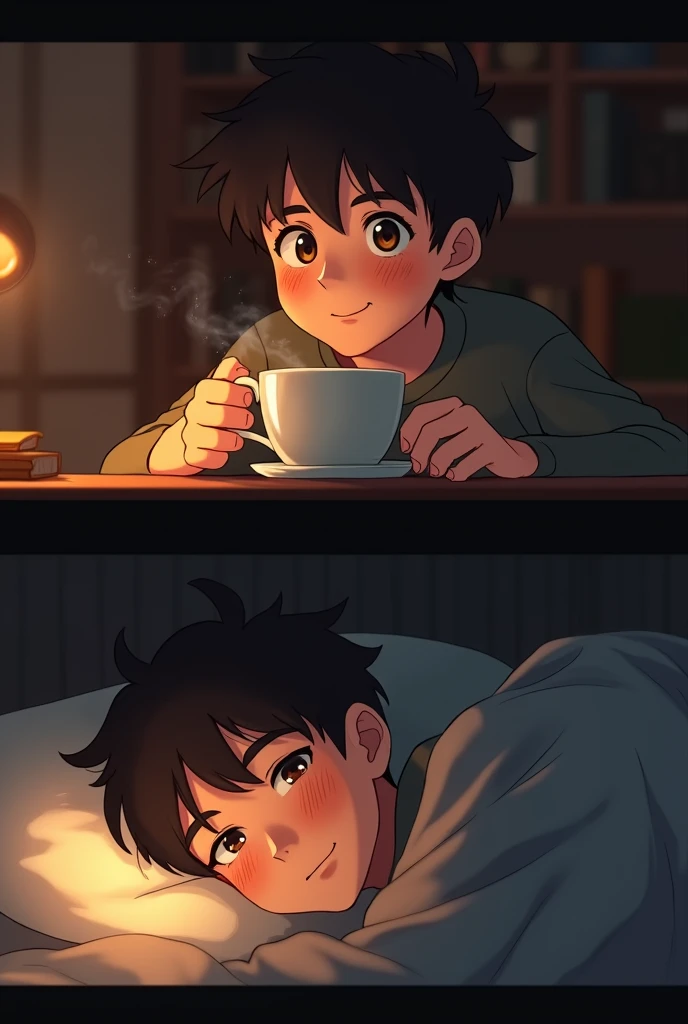 A age boy in the first image drinks tea, and his expression changes to one of relaxation and satisfaction. Then she snuggles into bed with a smile.