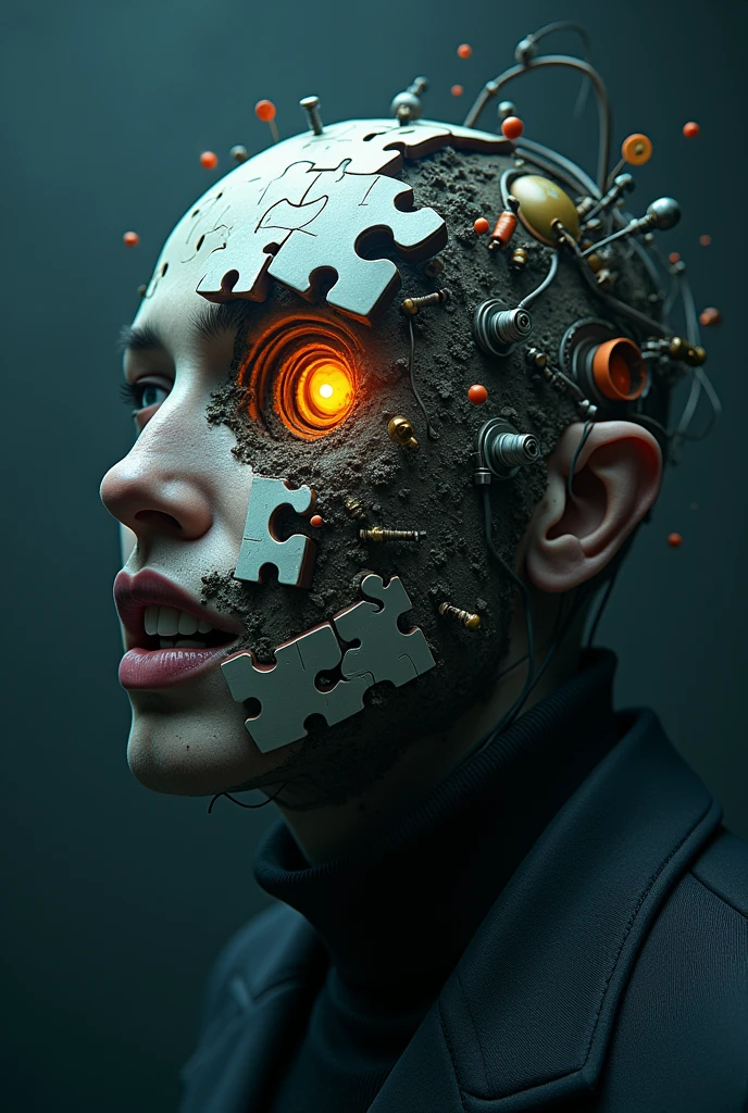 3D Puzzles,shoes,Explosive warhead, Mechanical parts embedded in the face, Dramatic works of art, Photo Editing, Photo Editing, Collapse,, Official artwork, Incredibly detailed, Photoshop Art, Noise Effect, dark blue