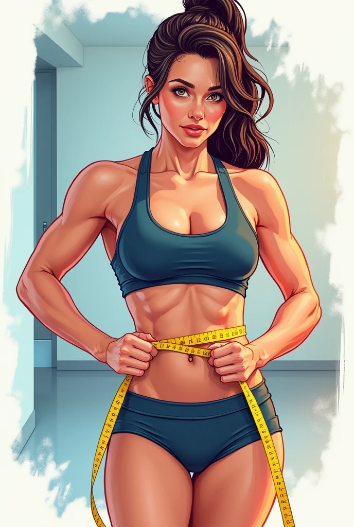 A colored drawing of a fitness woman measuring her belly with a tape measure