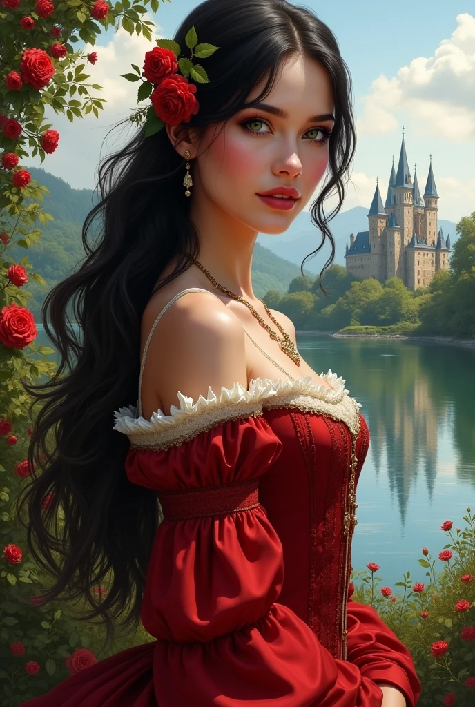 A beautiful woman standing next to a lake and a castle with roses, black wavy hair, with green eyes and a red dress from the time of 1472 with a rose in her hair